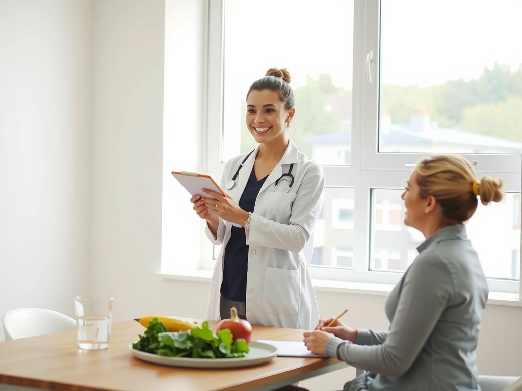 Ernährungsberaterin bei der Beratung in einem modernen Praxisraum